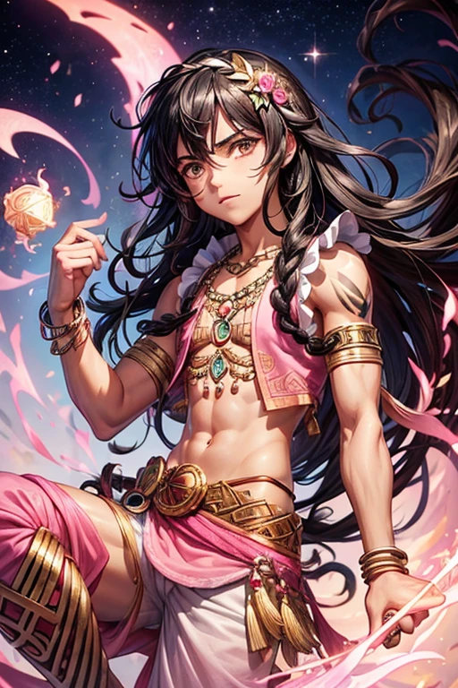 Moana 18 year old boy with black hair, long curly messy hair, djinn clothing, open pink sleeveless vest, white pink vest with silver Arabic print, pink Arabic pants, gold belt, djinn bracelet with pearl rose quartz gems, brown boots, Phosphorescent rose tattoos, surrounded by fire and black pink smoke on a background of Arab ruins.