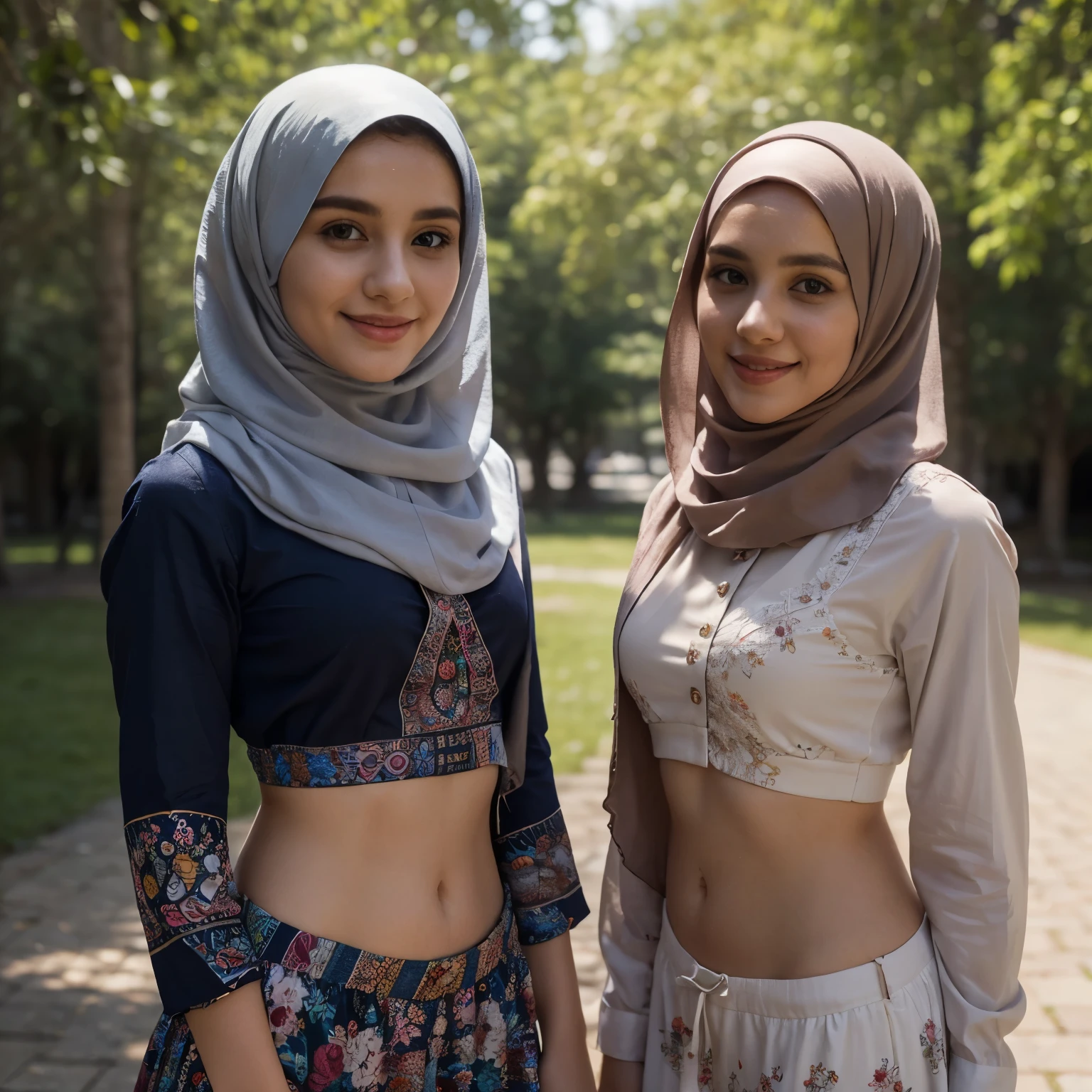 Masterpiece、highest quality、high resolution、Annabelle and Arabia, two best friends, 23 years old, Younger full body shot , looking muslim, perfect pose, Beautiful girl, colourful hijab, summer clothing, burka, with best friend, wearing colourful hijab attire, perfect smile, perfect body, perfect angle, forrest bright background