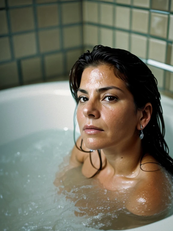 Close-Up, fisheye, (Karla Jaeger with a reflective expression, water droplets), soft ambient light, (sitting by a steaming bathtub, tiles glistening), (16mm lens, Panasonic Lumix S1, introspective details, professional, conceptual photography, trending on DeviantArt), by Francesca Woodman and Bill Henson and Cindy Sherman