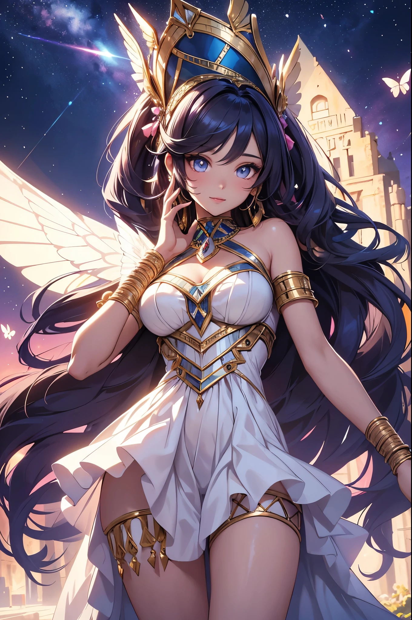 (best quality,4k,8k,highres,masterpiece:1.2),ultra-detailed,(realistic,photorealistic,photo-realistic:1.37),acrylic painting,beautiful Egyptian model in a ta dress with downy hair,beautiful Egyptian model with extremely colorful hair and detailed facial features,beautiful Egyptian model standing in a beautiful garden surrounded by a starry sky,beautiful Egyptian model wearing a vibrant Loliress,beautiful Egyptian model with intricate accessories and a matching hat,beautiful Egyptian model posing gracefully with her hands on her hips,beautiful Egyptian model with long flowing twintails,beautiful Egyptian model with bright blue eyes and rosy lips,beautiful Egyptian model with a joyful expression,beautiful Egyptian model in a dynamic pose with cherry blossoms falling around her,beautiful Egyptian model surrounded by colorful flowers and butterflies,beautiful Egyptian model's dress adorned with cute bows and lace details,beautiful Egyptian model with an enchanting smile,beautiful Egyptian model with soft, pastel-colored shading,beautiful Egyptian model with a magical glow illuminating her,beautiful Egyptian model in a picturesque setting with a winding path leading to a magnificent castle,beautiful Egyptian model holding a microphone and singing passionately,beautiful Egyptian model with a fairytale-like background,beautiful Egyptian model with a soft, dreamy atmosphere,beautiful Egyptian model with a subtle bokeh effect,beautiful Egyptian model standing under a moonlit sky,beautiful Egyptian model with a warm, golden sunset in the background,beautiful Egyptian model surrounded by twinkling stars and colorful nebulae,creating an ethereal and captivating artistic masterpiece.