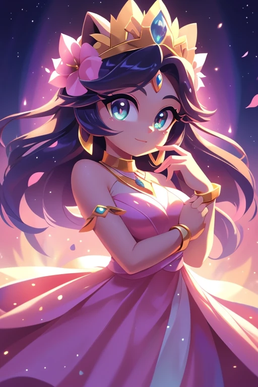 Personagem: Aurora
Cor: Rosa suave
Roupa: Pink long dress with petal details Poder: Control over light and illusions Background screen: Sky at dawn with vibrant colors and golden clouds Accessories: Tiara de flores, delicate earrings and bracelets Introduction: Aurora is a woman with the power to control light and create enchanting illusions.. Her pink dress and petal details reflect her delicate and dreamy personality.. Com suas habilidades, Aurora pode manipular a luz, create dazzling illusions and even bring the beauty of dawn to any place. She is a source of light and hope, sempre pronta para iluminar o caminho dos outros.