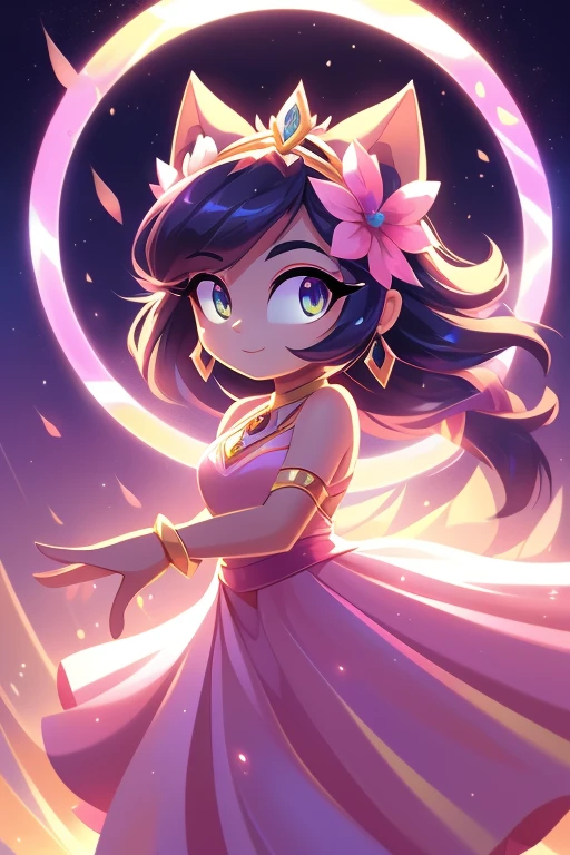 Personagem: Aurora
Cor: Rosa suave
Roupa: Pink long dress with petal details Poder: Control over light and illusions Background screen: Sky at dawn with vibrant colors and golden clouds Accessories: Tiara de flores, delicate earrings and bracelets Introduction: Aurora is a woman with the power to control light and create enchanting illusions.. Her pink dress and petal details reflect her delicate and dreamy personality.. Com suas habilidades, Aurora pode manipular a luz, create dazzling illusions and even bring the beauty of dawn to any place. She is a source of light and hope, sempre pronta para iluminar o caminho dos outros.