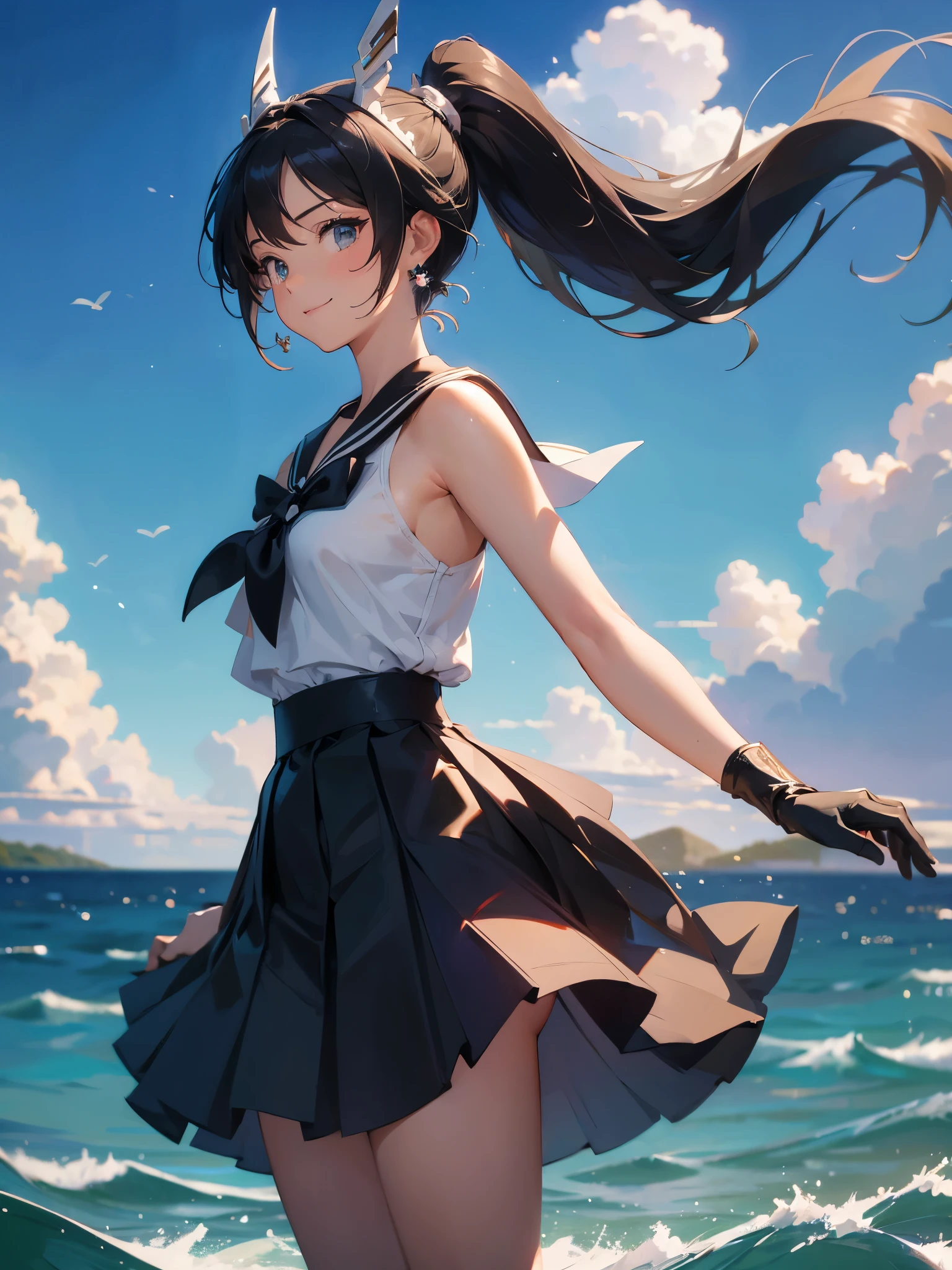 Full nudity,Show,masterpiece, highest quality, High resolution, One girl, alone, Sailor Pluto, (Fluffy hair), (Flowing Hair), (Single Ponytail)), Elbow hand pockets, Head ornament, Pleated skirt, bow, (Black sailor collar), White gloves, jewelry, Earrings, Cowboy Gun, smile, Grassland in the background, Blue sky and white clouds, headgear, Pause