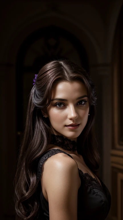 Jeune femme de 25 ans, visage fin, cheveux long, yeux marrons, HD, 8K, masterpiece, sourire romantique, sexy, maquillage noir, black lips, tenue gothique, vêtements noirs et violets, toile d'araignée en dentelle, cheveux noirs et violets, dans un manoir, dracula, orage