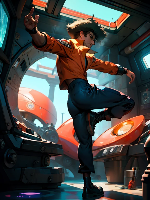 1 male, spike spiegel,  en una nave en el espacio, enfoque masculino, pantalones, torso desnudo, high kick, dynamic, hermosa pose kungfu, artistic,obscuro pocos detalls, sombras, zen,parado junto a una ventana, se mira el espacio, se ve la marte, obscuro, luz y sombra