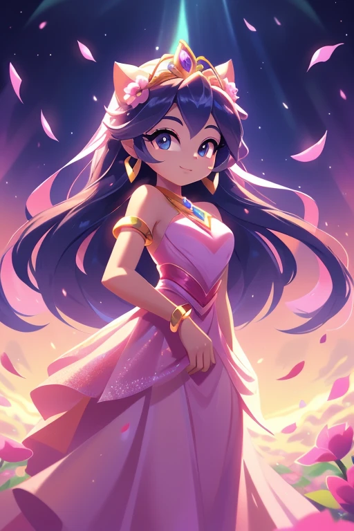 Personagem: Aurora
Cor: Rosa suave
Roupa: Pink long dress with petal details Poder: Control over light and illusions Background screen: Sky at dawn with vibrant colors and golden clouds Accessories: Tiara de flores, delicate earrings and bracelets Introduction: Aurora is a woman with the power to control light and create enchanting illusions.. Her pink dress and petal details reflect her delicate and dreamy personality.. Com suas habilidades, Aurora pode manipular a luz, create dazzling illusions and even bring the beauty of dawn to any place. She is a source of light and hope, sempre pronta para iluminar o caminho dos outros.