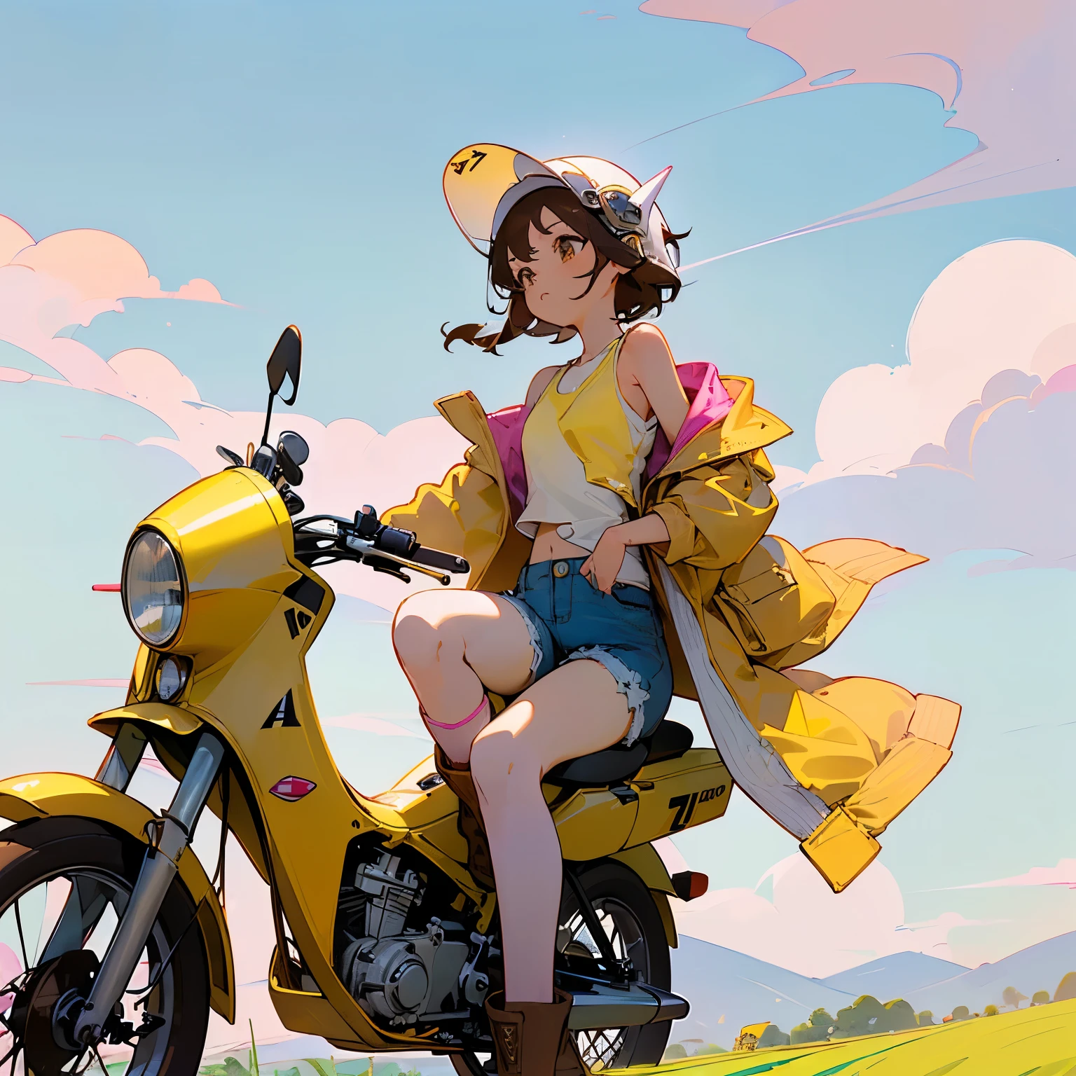 Highest quality、((A girl is riding a pink Super Cub))、Dark brown short cut、(Wearing a white jet helmet、White tank top、Yellow Jacket、Denim shorts、White knee-high socks、Brown work boots:1.3)、Japanese countryside scenery、Winding Road、Weeds grow along the side of the road、Blue sky、White clouds floating、Early summer sky、