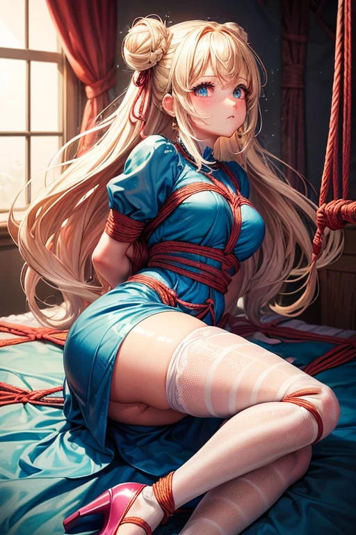 piperBS, 1girl, blonde hair, hair bun, blue dress, puffy sleeves, short sleeves, pink gloves, fingerless gloves, pink belt, shoes, blue footwear, cute and blushing 18 years old anime girl, look away because she is embarrassed and blushes, bright blue eyes, detailed face, detailed members, detailed arms, detailed hands, ((((sparkling diamond jewelry)))), tiara, ((makeup)), high heels, puffy sleeves, long gloves, long eyelashes, Girl lying, tied by ropes, shackled, can no longer move, tied tightly, very hard tied up with lots of ropes, hampered by so many ropes that she can no longer move, bound hands and feet, ropes tie his whole body, tied extremely tightly and forcefully to her bed by a lot of ropes, its limbs are strongly tied together by ropes, his torso is tied up with thick cords, her chest is so tied up with ropes that it sticks out, her legs are tied tightly with thick ropes, his hands are tied behind his back with ropes, she can no longer move her feet, her hands which are tied by thick ropes, she desperately tries to free herself, likes to be tied tight with big ropes, likes to be immobilized by big ropes, lying down, his hands and feet are strongly tied to the railing of his bed, his legs are pressed together and tied with ropes, its limbs are held vigorously by imposing ropes, her hands are tied securely behind her back by ropes, her chest is compressed by strong ropes, she is pressed against her bed and restrained by large ropes (shibari, arms behind the back:1.4), (hands on the back), (masterpiece, best quality) 1.5, 1girl, solo, (sexy, beautiful woman, perfect face, perfect eyes, perfect hands), samus aran, (shibari, arms behind the back:1.4), (hands on the back), Spread the legs, s' ((lie in bed by big ropes)), ((close up of the girl)), ((((lie in bed))))