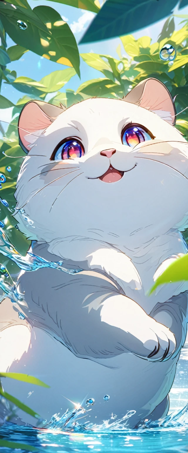 (an adorable,super cute otter,anime,HD 8k,hyper-detailed and sharp),playful, vibrant colors,warm lighting,clinging to a leafy branch,sparkling blue water in the background,with a mischievous grin,enjoying the sun-drenched day,small water droplets glistening on its fur,jumping and splashing,cheeks rosy with excitement,expressive and soulful eyes,having a fluffy and sleek coat,whiskers twitching with curiosity,ears perked up,tail swirling with joy,creating ripples in the water.