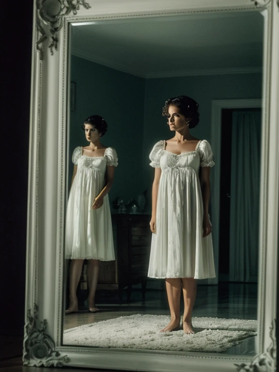 Wide Shot, infrared, (Karla Jaeger in a vintage nightgown, ghostly figure), moonlight streaming, (standing by a foggy mirror, reflection obscured), (24mm lens, Pentax K-1 Mark II, haunting details, professional, fine art photography, trending on Tumblr), by Sally Mann and Diane Arbus and Alex Prager