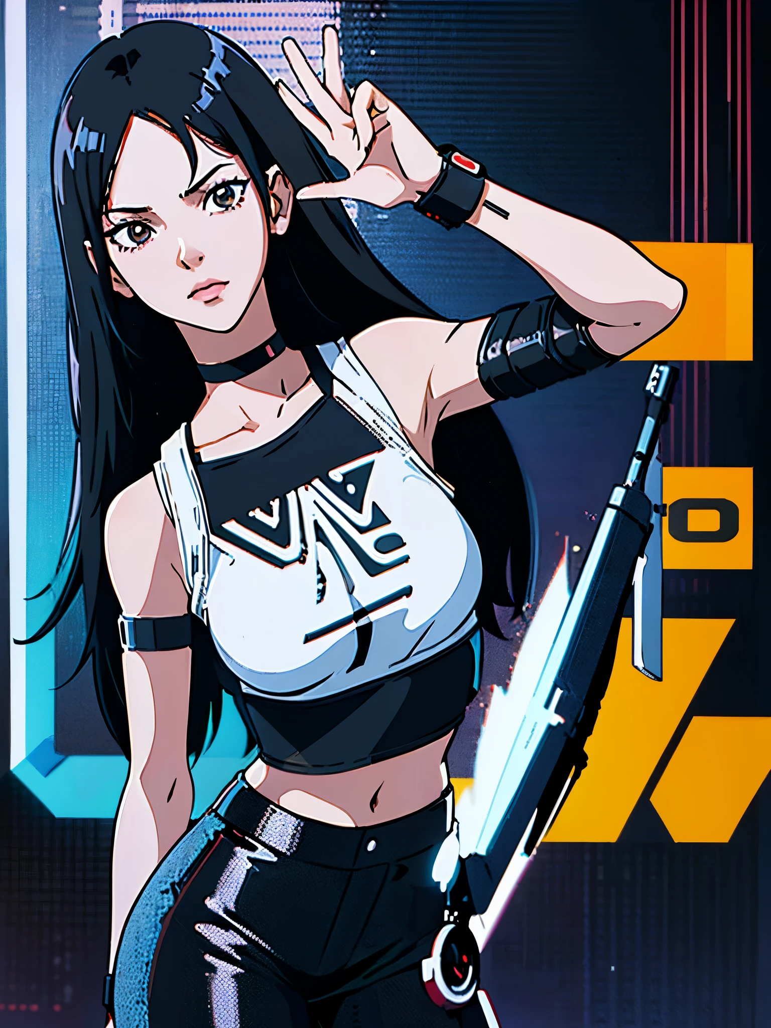 digital art drawing, illustration of (anime girl, long black hair middle part, brown eyes, wearing a black choker on her neck, white cropped t shirt, black tactical vest, black latex pants, cyberpunk 2077), anime drawing/art, bold linework, illustration, digital art, masterpiece, flat illustration, no shadows, 8k resolution, high detail, vector art, only anime, perfect eyes, perfect hands, perfect fingers, sharpness, high clarity, medium shot, high fidelity
