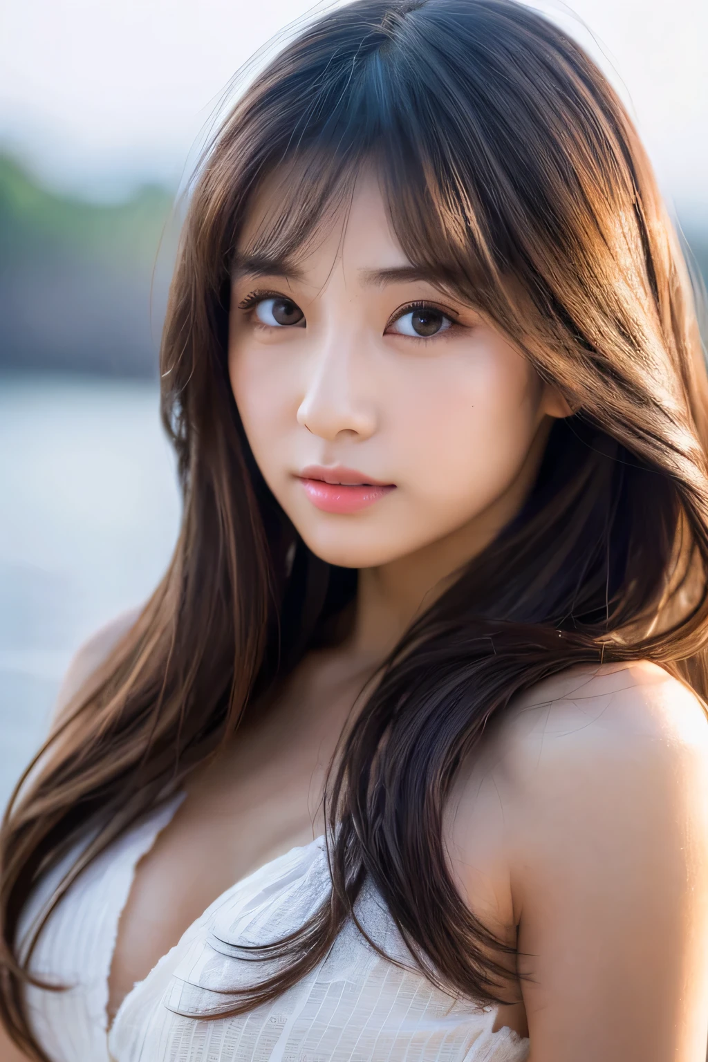 Masterpiece, 1 Beautiful Girl, (Reality 1.4), Japanese, Asian Beauty, Super Beautiful, Beautiful Skin, Thin, (Full Body Image), (Ultra Reality), (High Resolution), (8K), (Very Fine) , (beautiful detailed eyes), (very detailed), (detailed eye description), big eyes, brown eyes, long eyelashes, detailed face, shiny lips, bright lighting, professional lighting, camera Line of sight, serious expression, looking straight ahead, long hair, brown hair, seascape, Nogizaka idol, actress, 20 years old, white shirt, cleavage cut, baby face, moist and realistic skin texture, moist lips, natural shadow, (Raises arm)