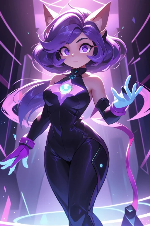 Nome: Violeta

Cor: Cabelos roxos curtos, olhos violeta
Roupa: Black jumpsuit with purple details Specific Power: Habilidades de telecinese
Tela de Fundo: High-tech laboratory with floating equipment Accessories: Special gloves that amplify your powers Introduction: Violeta is a brilliant scientist who has the gift of telekinesis. She uses her powers to manipulate objects with her mind and advance science.. Her brilliant mind and insatiable curiosity make her a force to be reckoned with..
