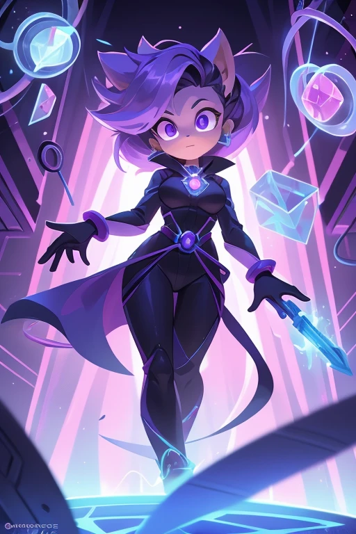 Nome: Violeta
Cor: Cabelos roxos curtos, olhos violeta
Roupa: Black jumpsuit with purple details Specific Power: Habilidades de telecinese
Tela de Fundo: High-tech laboratory with floating equipment Accessories: Special gloves that amplify your powers Introduction: Violeta is a brilliant scientist who has the gift of telekinesis. She uses her powers to manipulate objects with her mind and advance science.. Her brilliant mind and insatiable curiosity make her a force to be reckoned with..
