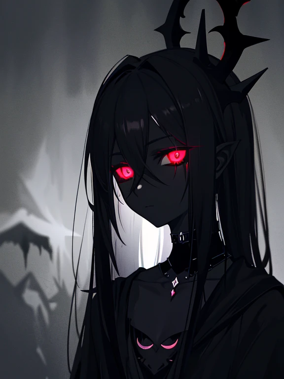dark art, dark demon girl, ((dark deep black skin)), (glossy black skin), ((black eye sclera)), very dark background, (dark lighting), many shadows, cold lights