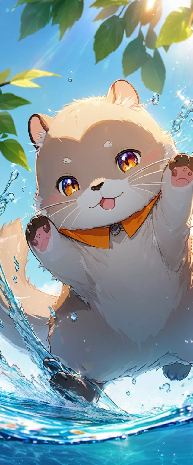 nutria:1.7,(an adorable,super cute otter,anime,HD 8k,hyper-detailed and sharp),playful, vibrant colors,warm lighting,clinging to a leafy branch,sparkling blue water in the background,with a mischievous grin,enjoying the sun-drenched day,small water droplets glistening on its fur,jumping and splashing,cheeks rosy with excitement,expressive and soulful eyes,having a fluffy and sleek coat,whiskers twitching with curiosity,ears perked up,tail swirling with joy,creating ripples in the water.