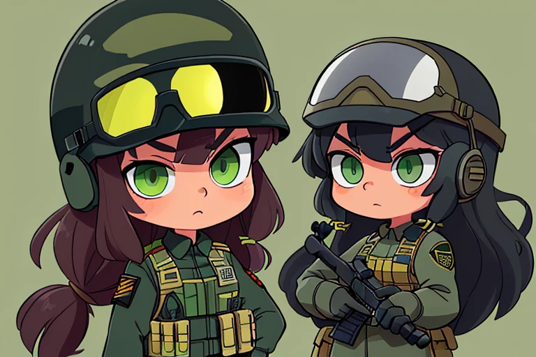 lila rossi Wearing a black military tactical uniform with a plate and ammunition carrying vest. And a tactical helmet with rails and night vision lenses along with Headset
(Long hair) Green eyes Lemon Lime