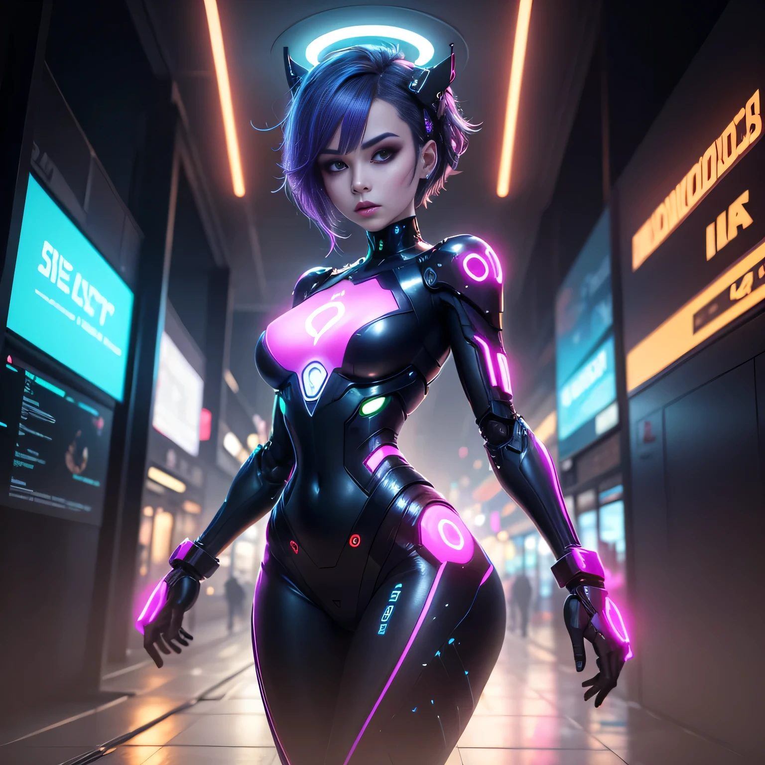 Numa paisagem urbana noturna, uma mulher cyberpunk estende-se em um beco, shrouded in diffuse neon light that casts a sparkling aura around her. Her hair is a mix of electric blue and purple tones., cut in an asymmetrical style that exudes a futuristic vibe. Seus olhos brilham com uma luminosidade artificial, reflecting the technological landscape that surrounds it. A line of cybernetic implants adorn your skin, emitting a soft luminescence that blends with the ambient neon light. Your posture is confident, with robotic elegance, while she appears to be in deep contemplation, perhaps processing information or interacting with some AI. Her outfits are a fusion of urban fashion and advanced technology, with metallic details and holographic elements that shine and change color as she moves. Ao fundo, tall, futuristic buildings rise, illuminated by a myriad of neon lights, creating a dystopian and aesthetically stunning setting.