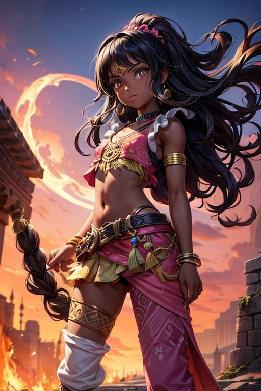 Moana 18 year old girl dark skin with black hair, long messy curly hair, brown eyes djinn clothing, open pink sleeveless vest, white pink vest with silver Arabic print, pink Arabic pants, golden belt, djinn bracelet with quartz gems Pearl rose, brown boots, phosphorescent pink tattoos, surrounded by fire and black pink smoke on a background of Arabian ruins. 