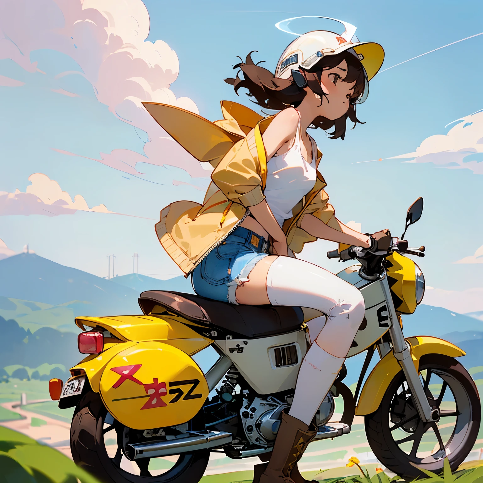 Highest quality、((A girl is riding a pink Super Cub))、Dark brown short cut、(Wearing a white jet helmet、White tank top、Yellow Jacket、Denim shorts、White knee-high socks、Brown work boots:1.3)、Japanese countryside scenery、Winding Road、Weeds grow along the side of the road、Blue sky、White clouds floating、Early summer sky、