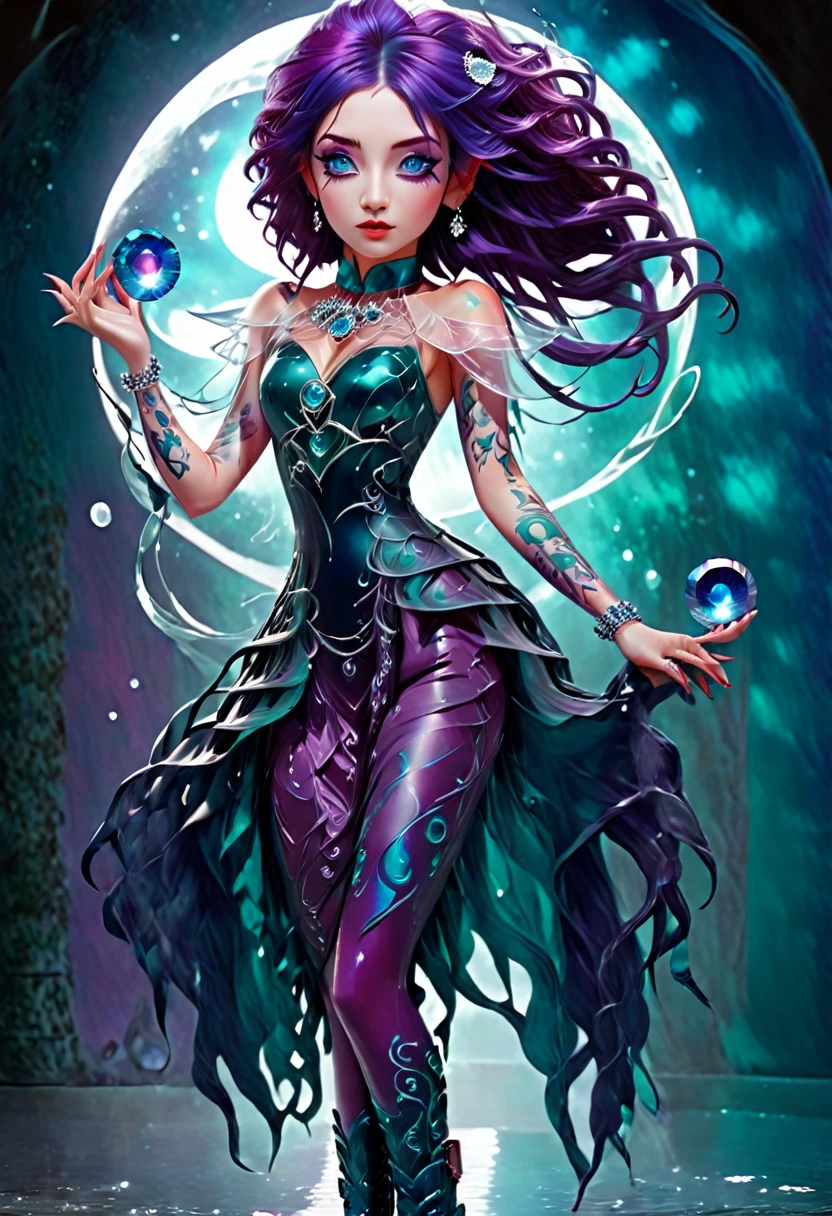 ((ice tattoos lines like vines appear on the face and arms of a girl ((full body)) with teal mix purple hair. purple eyes. dark-blue hair. wearing a soft red sapphirel glass dress with sapphire-boots of diamonds. ((holding a crystal moon shape disc around her wrists))