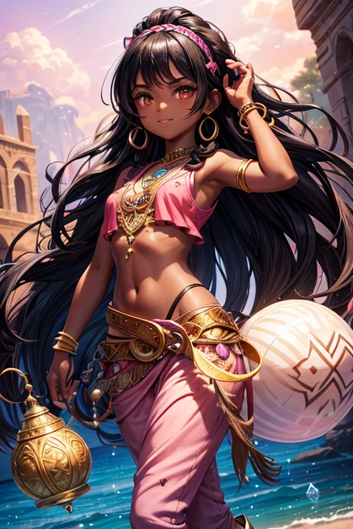 Moana 18 year old girl dark skin with black hair, long messy curly hair, brown eyes djinn clothing, open pink sleeveless vest, white pink vest with silver Arabic print, pink Arabic pants, golden belt, djinn bracelet with quartz gems Pearl rose, brown boots, phosphorescent pink tattoos, surrounded by fire and black pink smoke on a background of Arabian ruins. 