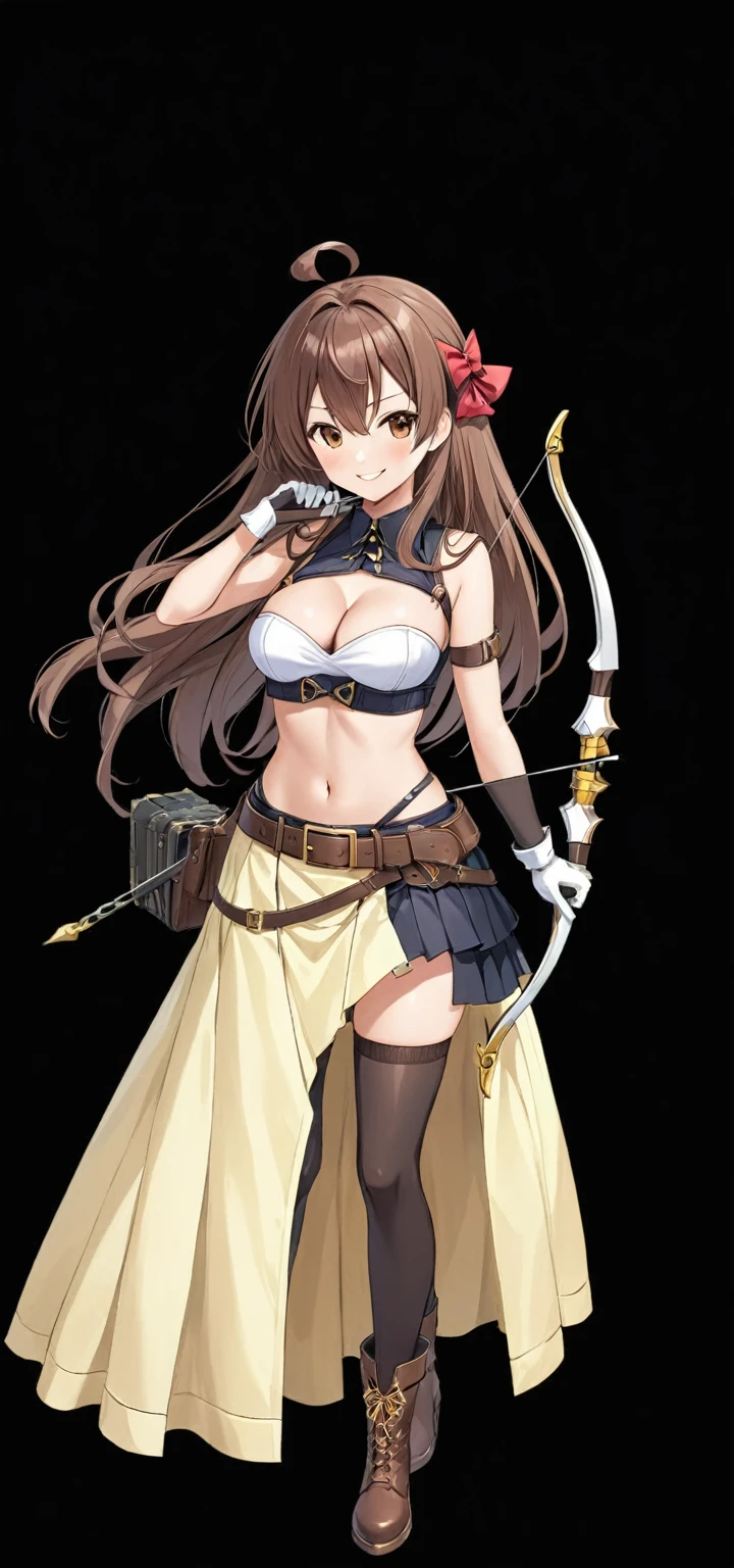 (masutepiece, Best Quality), 1girl, solo, long-hair, weapon, thighhighs, brown-hair, gloves, bow-\(weapon\), navel, brown-eyes, smile, breasts, medium-breasts, cleavage, belt, looking-at-viewer, boots, midriff, black-thighhighs, full-body, skirt, ahoge, holding-weapon, blush, holding, bandeau, standing, Aiming a Bow
