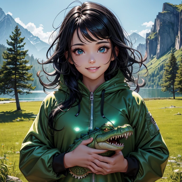 Masterpiece, best quality, 8K Wallpaper, HDR, octane rendering. A girl with (crocodile kigurumi:1.5, open:1.2), camping by the lake, mountains, trees, bonfire, starry night sky, beautiful detailed scenery, the girl has (Messy hair, shiny black hair:1.4), (Cute face and detailed with perfect symmetry), (Beautiful and detailed green eyes), (soft lips, smile, teeth:1.2), (body with perfect anatomy, perfect natural texture, high details, glowing skin) cinematic lighting, vivid colors, detailed illustration , Field depth.