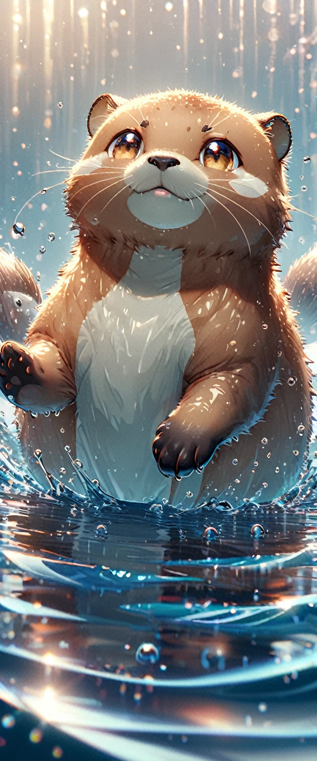 nutria:1.7,(an adorable,super cute otter,anime,HD 8k,hyper-detailed and sharp),playful, vibrant colors,warm lighting,clinging to a leafy branch,sparkling blue water in the background,with a mischievous grin,enjoying the sun-drenched day,small water droplets glistening on its fur,jumping and splashing,cheeks rosy with excitement,expressive and soulful eyes,having a fluffy and sleek coat,whiskers twitching with curiosity,ears perked up,tail swirling with joy,creating ripples in the water.