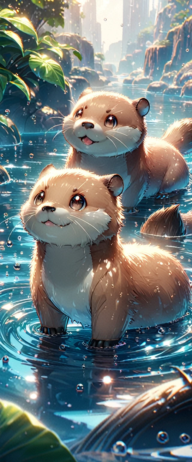 nutria:1.7,(an adorable,super cute otter,anime,HD 8k,hyper-detailed and sharp),playful, vibrant colors,warm lighting,clinging to a leafy branch,sparkling blue water in the background,with a mischievous grin,enjoying the sun-drenched day,small water droplets glistening on its fur,jumping and splashing,cheeks rosy with excitement,expressive and soulful eyes,having a fluffy and sleek coat,whiskers twitching with curiosity,ears perked up,tail swirling with joy,creating ripples in the water.