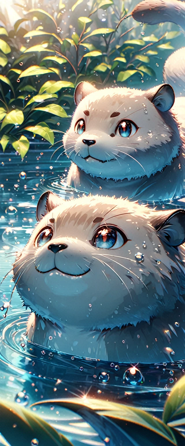 nutria:1.7,(an adorable,super cute otter,anime,HD 8k,hyper-detailed and sharp),playful, vibrant colors,warm lighting,clinging to a leafy branch,sparkling blue water in the background,with a mischievous grin,enjoying the sun-drenched day,small water droplets glistening on its fur,jumping and splashing,cheeks rosy with excitement,expressive and soulful eyes,having a fluffy and sleek coat,whiskers twitching with curiosity,ears perked up,tail swirling with joy,creating ripples in the water.