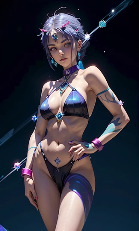 ice tattoos lines like vines appear on the face and arms of a girl ((full body)) with teal mix purple hair. purple eyes. dark-blue hair. wearing a soft red sapphirel glass dress with sapphire-boots of diamonds. ((holding a crystal moon shape disc around her wrists))