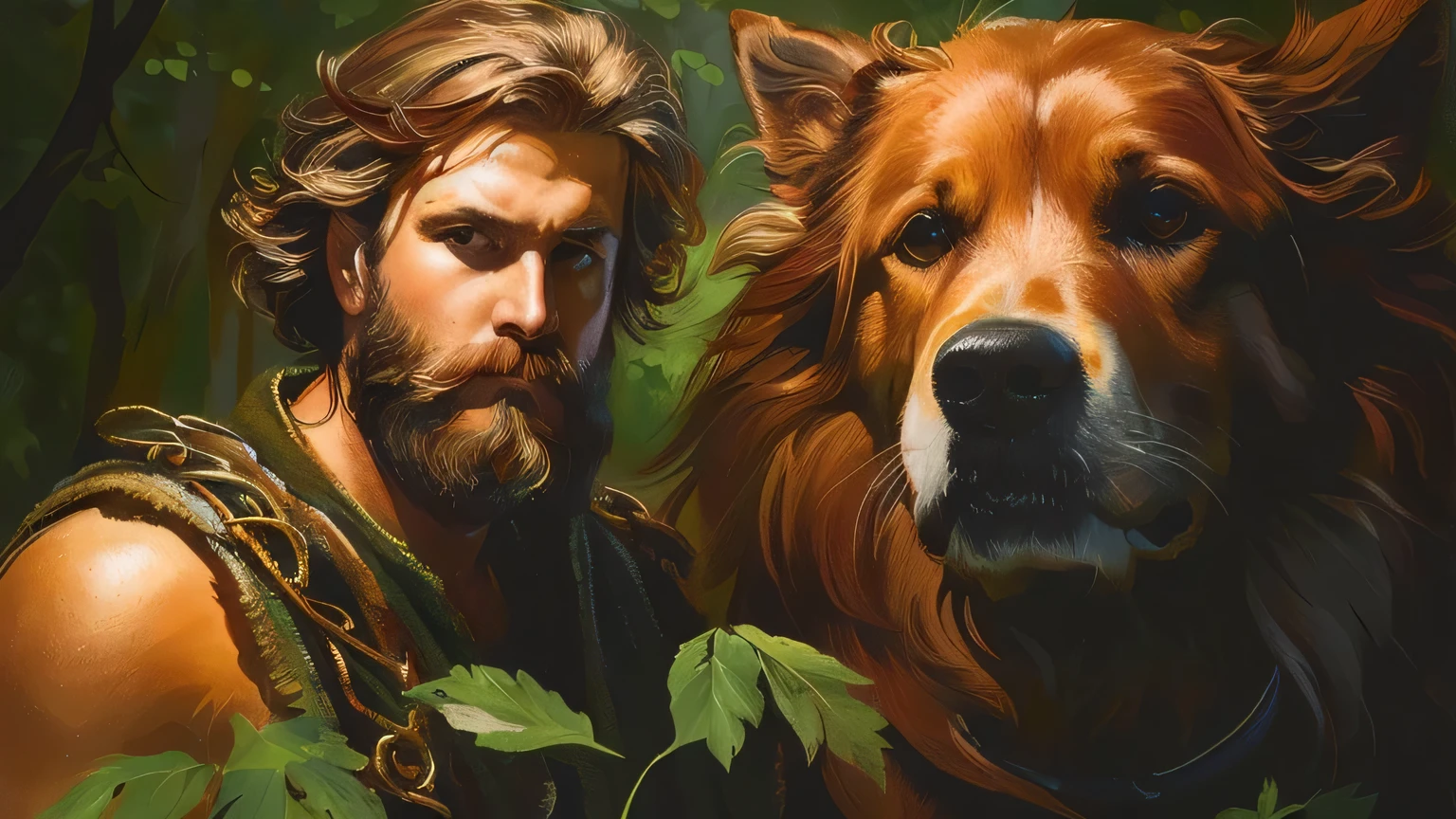 there is a man and a dog together in the forest, painted retrato de Zeus robusto, the feralands, retrato pintado de odin robusto, fera, faunos, computador, foi, cernunos, retrato de Zeus robusto, Hercules, um druida, man with a slavic dog's head, portrait of demigod Hercules, dramatic cinematic detailed skin, retrato druida
