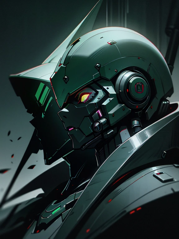 Hopeless cyberpunk, dark cyberpunk art, knee-length portrait, robot girl, dark metall sharp helmet, ((dark deep black metallic skin)), ((black plating)), dark background, cyberpunk environment, dark green and gray steel gloss color palette, (dark lighting), many shadows, cold lights