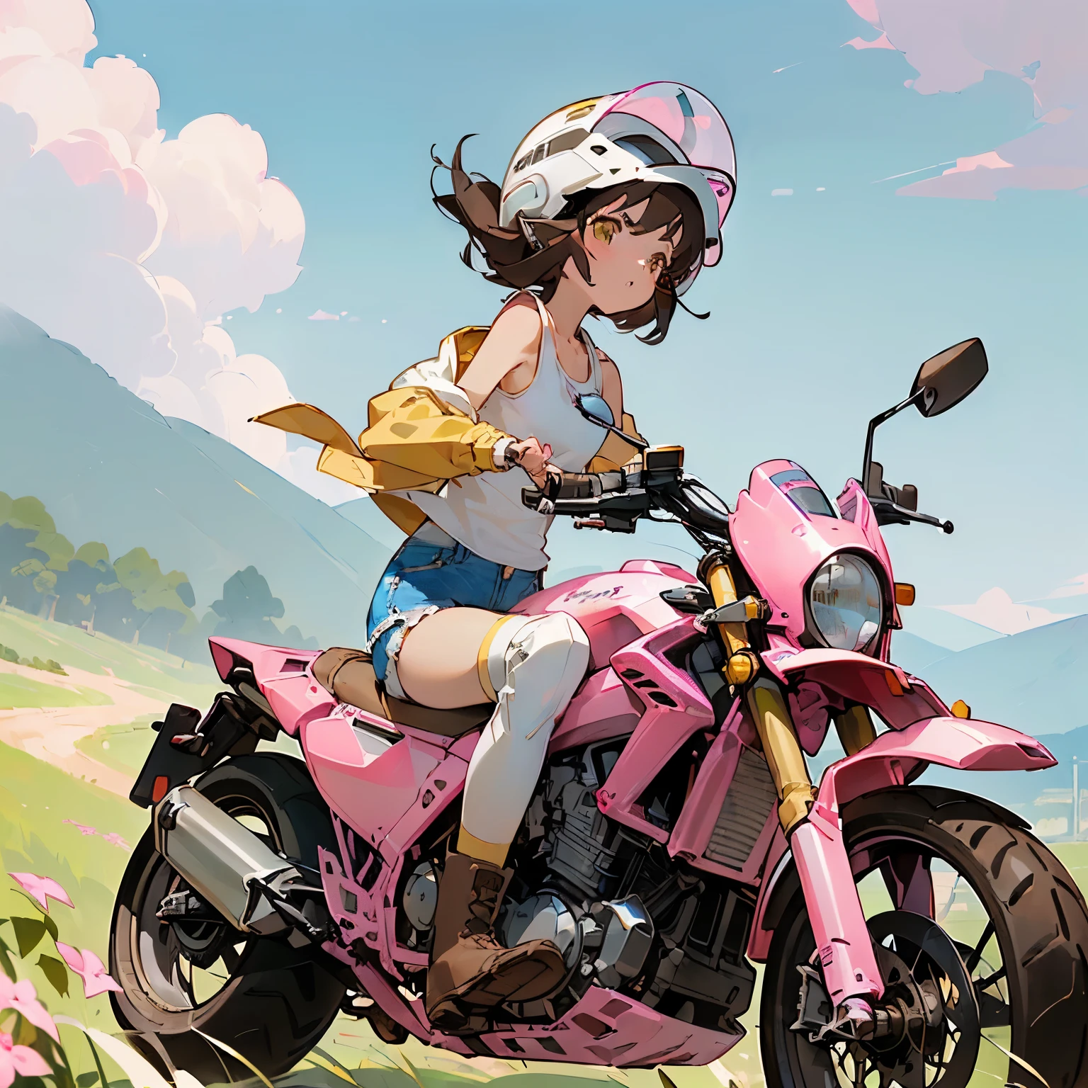 Highest quality、((A girl is riding a pink off-road type motorcycle:1.35))、Dark brown short cut、(Wearing a white jet helmet、White tank top、Yellow Jacket、Denim shorts、White knee-high socks、Brown work boots:1.3)、Japanese countryside scenery、Winding Road、Weeds grow along the side of the road、Blue sky、White clouds floating、Early summer sky、