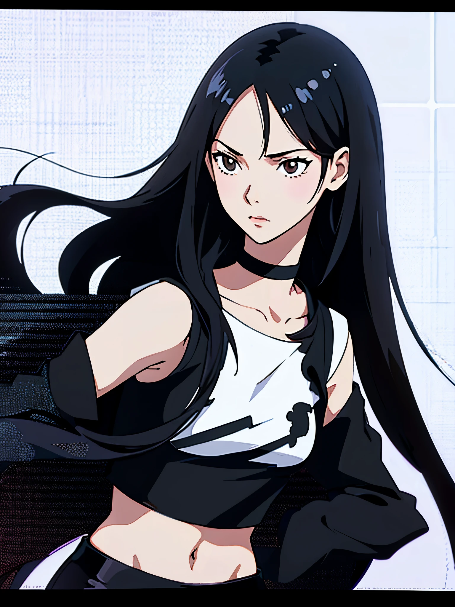 digital art drawing, illustration of (anime girl, long black hair middle part, brown eyes, wearing a black choker on her neck, white cropped t shirt, black tactical vest, black latex pants), anime drawing/art, bold linework, illustration, digital art, masterpiece, flat illustration, no shadows, 8k resolution, high detail, vector art, only anime, perfect eyes, perfect hands, perfect fingers, sharpness, high clarity, medium shot, high fidelity
