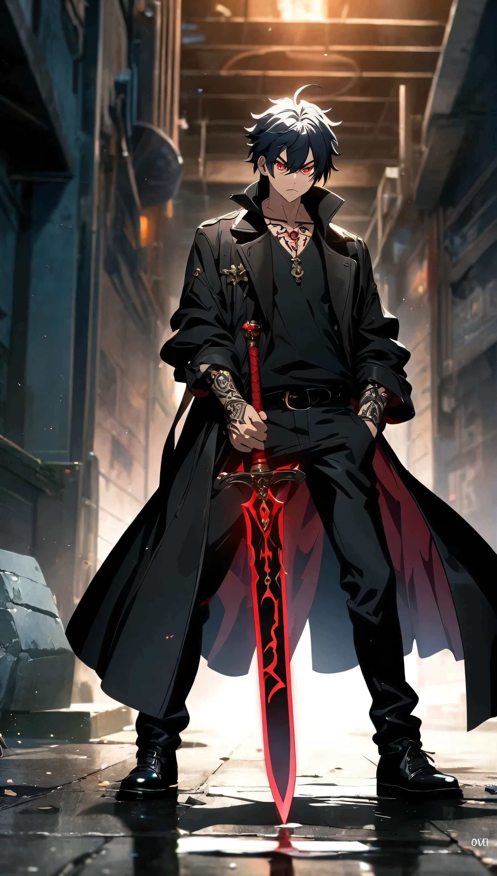 Full body shot, An intense anime scene featuring a boy holding a sword in a badass pose, his serious face illuminated by red eyes and framed by black hair, adorned with a striking face tattoo. He stands confidently in a black overcoat, black shoes, abasterpiece)), ((best quality)), ultra detailed,((illustration)), dynamic angle, detailed light, (delicate eyes), (ahoge:0.8),apathy, ray,frontage,style of anime4 k, 4k anime wallpaper, badass anime 8 k, 4 k comic wallpaper