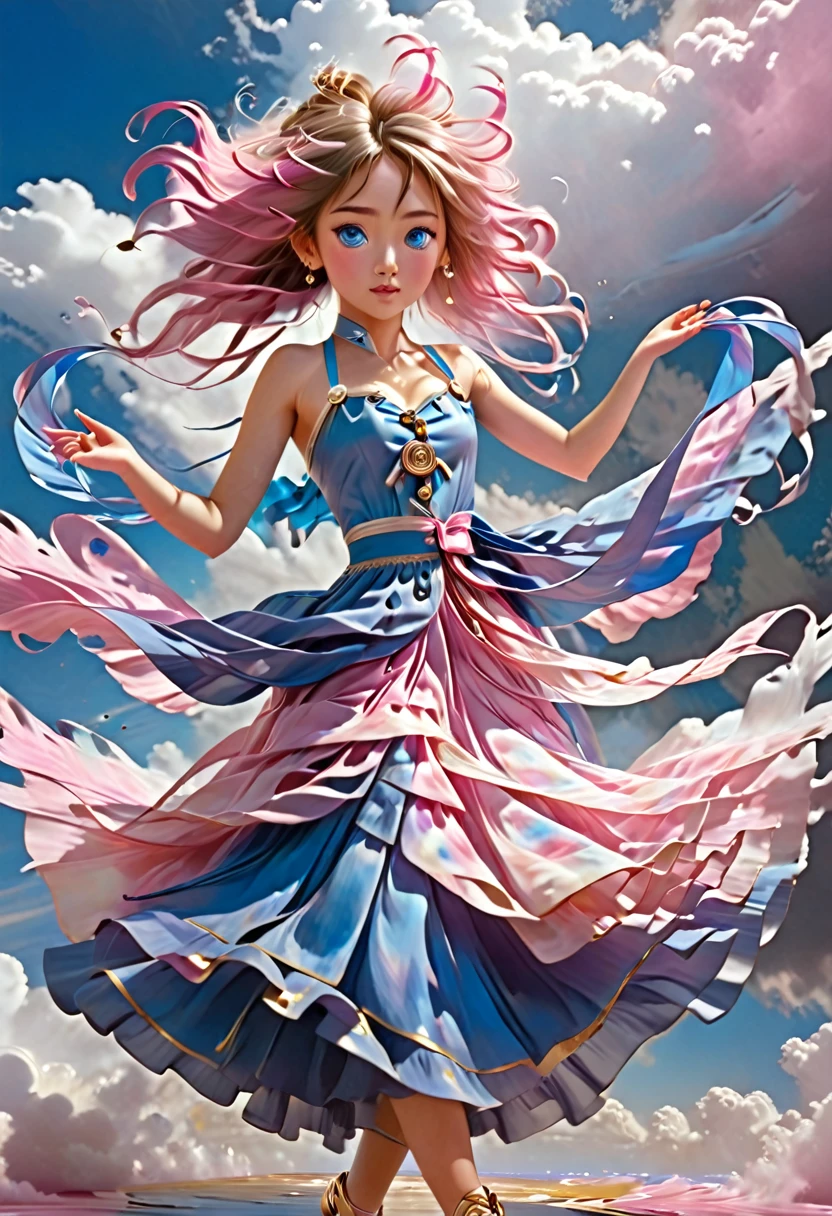 (((Walking on the surface of the pink and white mix clouds)) A young goddess with ((blue ribbons fluttering)) around her ankles and arms. Wearing blue skirt with round gold buttons. Blue strapless tank top with pointed edge. Large Brown earrings loops. Pink and blue mix eyes
