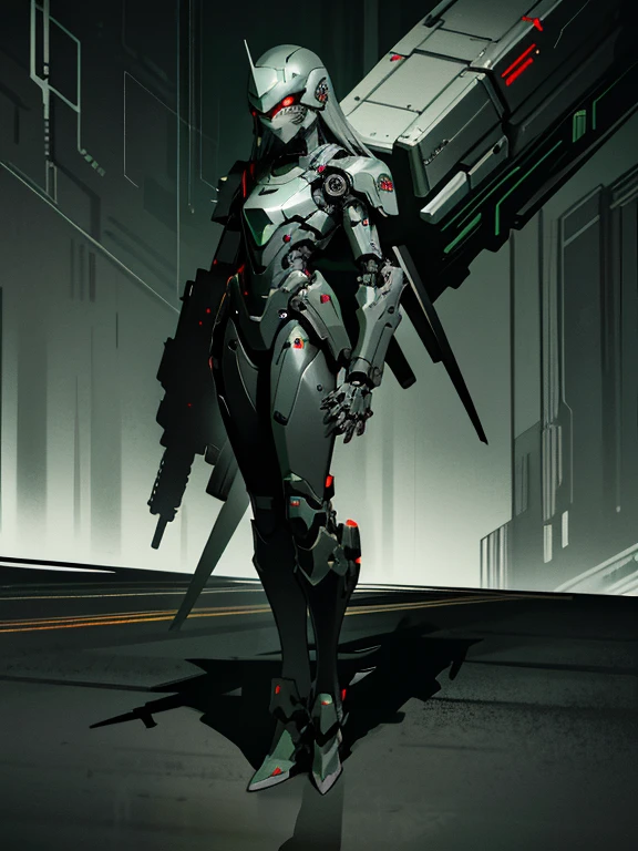 dark cyberpunk art, (full body portrait) , mechanical girl, dark metall sharp helmet, (gray metallic skin)), mechanical body, dark background, cyberpunk environment, dark green and gray steel gloss color palette, (dark lighting), many shadows, cold lights
