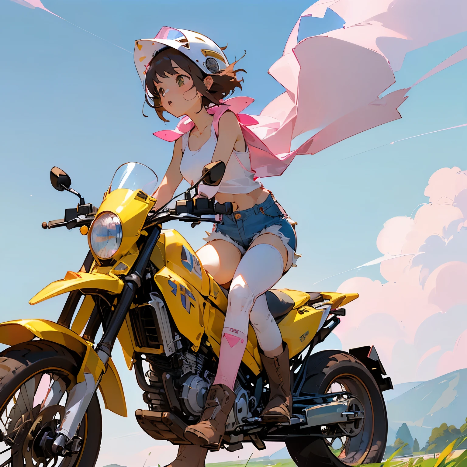 Highest quality、((A girl is riding a pink off-road type motorcycle:1.35))、Dark brown short cut、(Wearing a white jet helmet、White tank top、Yellow Jacket、Denim shorts、White knee-high socks、Brown work boots:1.3)、Japanese countryside scenery、Winding Road、Weeds grow along the side of the road、Blue sky、White clouds floating、Early summer sky、