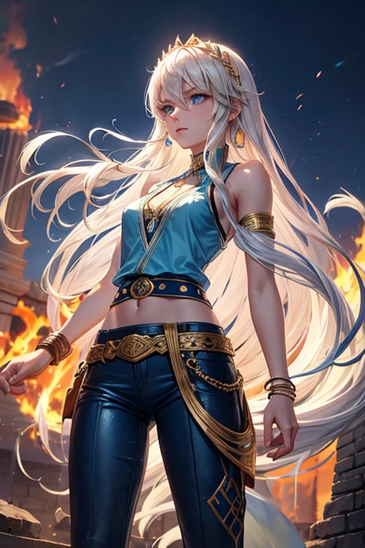 Elsa, 18-year-old girl with platinum blonde hair, long, straight messy hair, blue eyes, djinn clothing, light blue sleeveless open vest, blue white vest with black Arabic print, light blue Arabic pants, gold belt, djinn bracelet with blue sapphire gems, brown boots, phosphorescent light blue tattoos, surrounded by fire and light blue smoke on a background of Arab ruins.