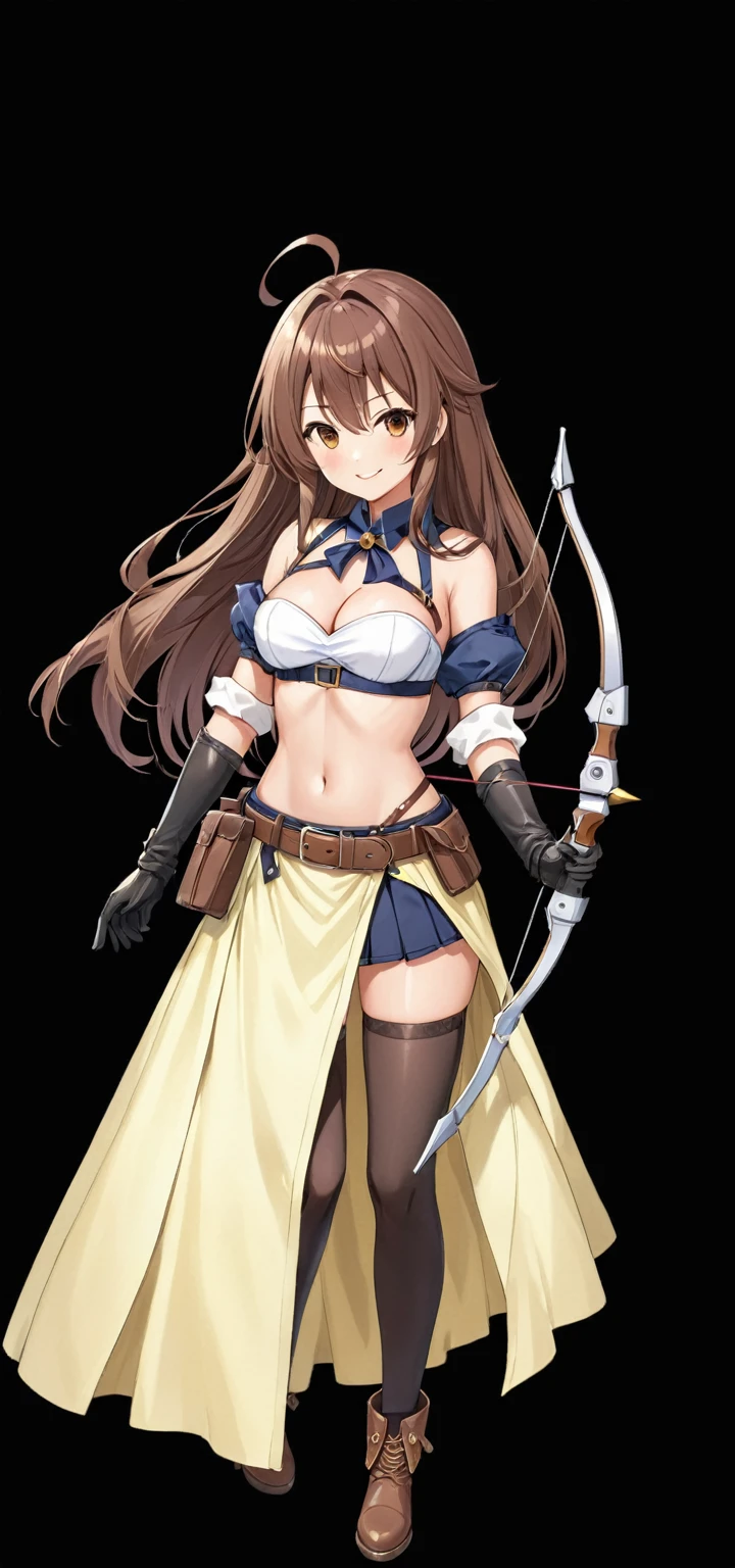 (masutepiece, Best Quality), 1girl, solo, long-hair, weapon, thighhighs, brown-hair, gloves, navel, brown-eyes, smile, breasts, medium-breasts, cleavage, belt, looking-at-viewer, boots, midriff, black-thighhighs, full-body, skirt, ahoge, holding-weapon, blush, holding, bandeau, standing, Aiming a Bow
