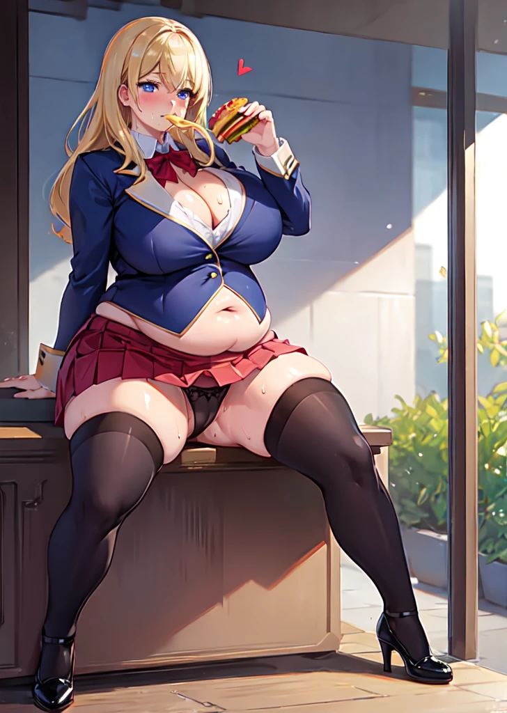 High quality, full body photo of a beautiful sexy secretary wearing extremely short skirt and seamed stockings, ((solo)), adult, high heels, craves sex, sweaty, eating at McDonalds, beautiful face, stunning blue eyes, massive painfully overstuffed bloated distended bulging heavy fat belly, panties visible under skirt, revealing skirt, shes binge eating, weight gain, very wide fat hips, fat thick thighs, massive wide fat round heart shaped shelf bubble butt, massive fat breasts, deep cleavage, tight uniform,