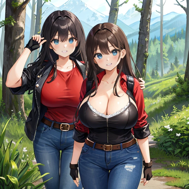 A Beautiful Girl, with (Lush, Long Dark-Brown Hair), (Big Beautiful Blue Eyes), Enormous Breasts, Thick Thighs, and a Very Curvy and decently muscular Figure. She’s wearing a (Weathered, worn, Black-Leather-Jacket), a Red Shirt Big Cleavage, (Heavily Worn, Dark-Blue Jeans), a Brown Leather Belt, and Black Fingerless Gloves. Standing In a confident pose with a soft grin. Exploring a Forest, in the Mountains,