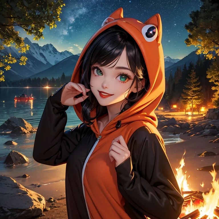 Masterpiece, best quality, 8K Wallpaper, HDR, octane rendering. A girl with crocodile kigurumi:1.5), (open kigurumi:1.5), camping by the lake, mountains, trees, bonfire, starry night sky, beautiful detailed scenery, the girl has (Messy hair, shiny black hair:1.2), ( Beautiful, detailed face with perfect symmetry), (Beautiful, detailed green eyes), (red lips, open smile, teeth:1.2), (body with perfect anatomy, perfect natural texture, high details, glowing skin) cinematic lighting, vivid colors , detailed illustration, depth of field.