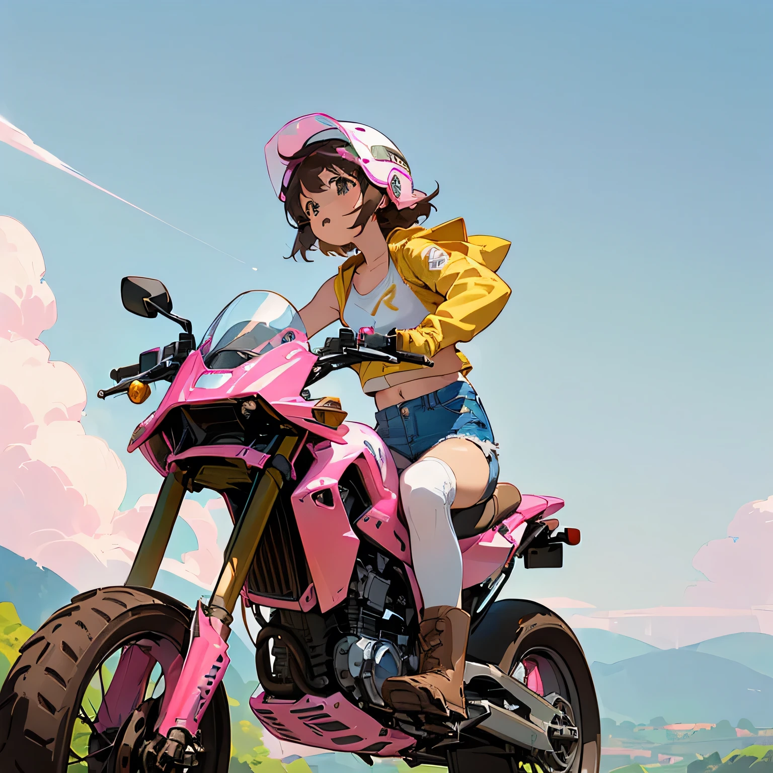 Highest quality、((A girl is riding a pink off-road type motorcycle:1.35))、Dark brown short cut、(Wearing a white jet helmet、White tank top、Yellow Jacket、Denim shorts、White knee-high socks、Brown work boots:1.3)、Japanese countryside scenery、Winding Road、Weeds grow along the side of the road、Blue sky、White clouds floating、Early summer sky、