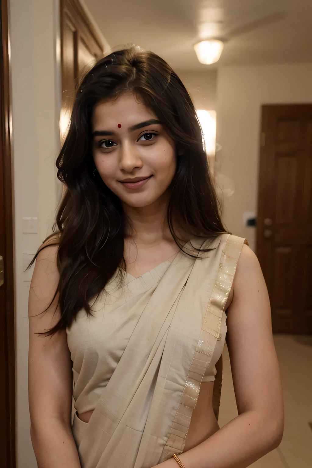 ((best quality)), ((masterpiece)), (detailed), perfect face a 21 year old beautiful Indian girl with long hair smiling face beautiful eyes wearing Indian saree dress