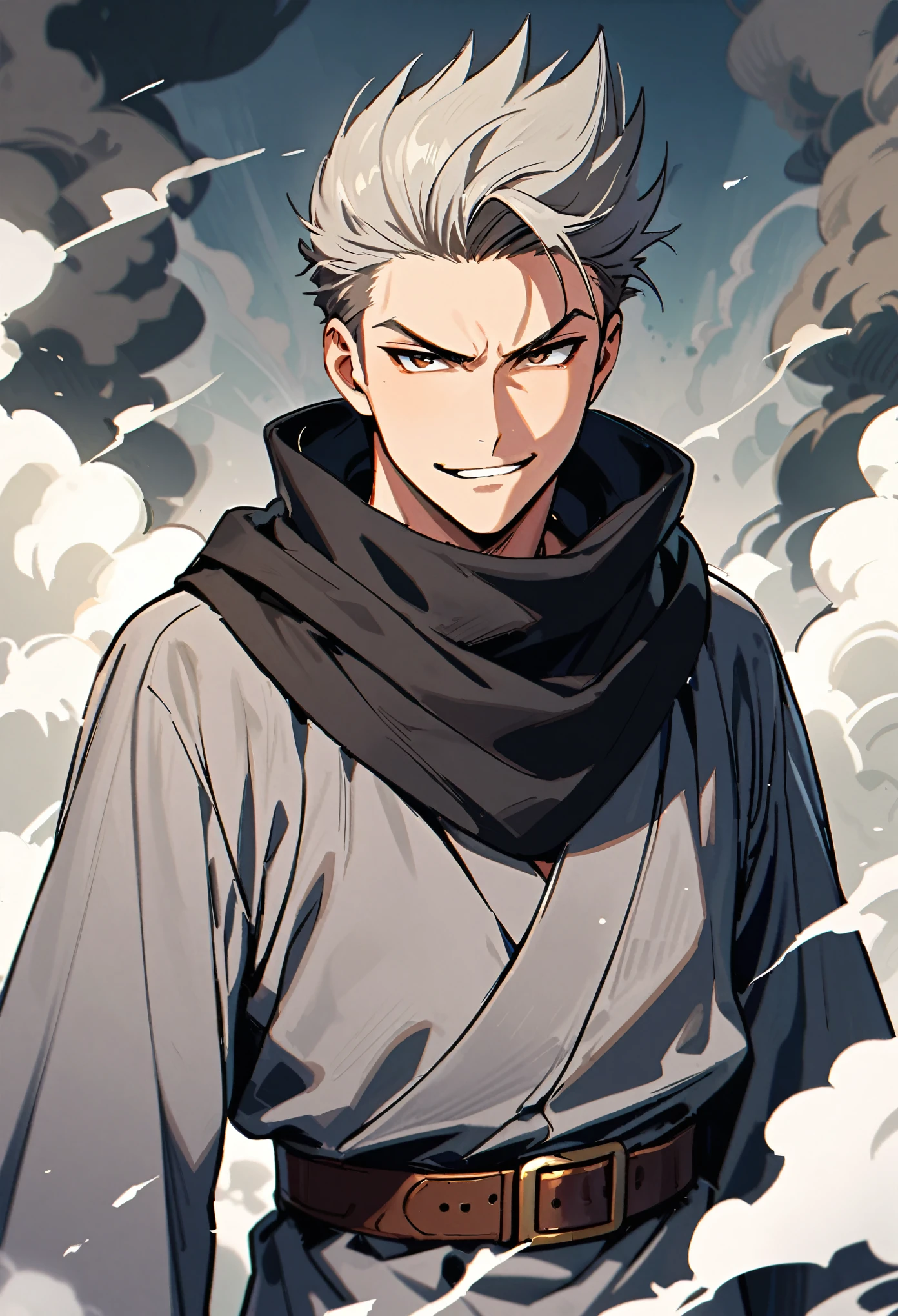 A young man, 25-years-old, solo, caucasian, mature face, light gray short spiky quiff-style hair, brown eyes, angry smile, gray baggy kimono, long sleeves, black scarf, brown belt, surrounded by thick smoke