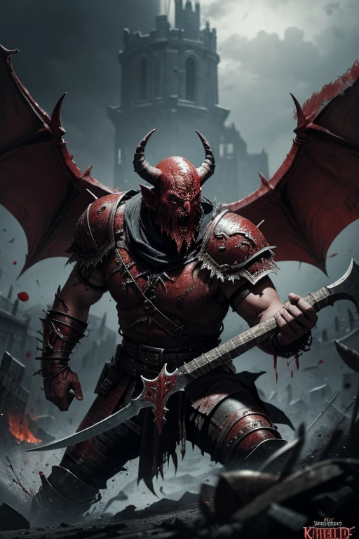 a bloodletter demon of Khorne is swirling his axe , battlefield scenario, pleasure to kill, digital art