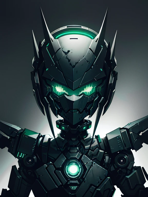dark cyberpunk art, beautiful mechanical girl, dark metall sharp helmet, (gray metallic skin)), mechanical body, dark background, cyberpunk environment, dark green and gray steel gloss color palette, (dark lighting), many shadows, cold lights